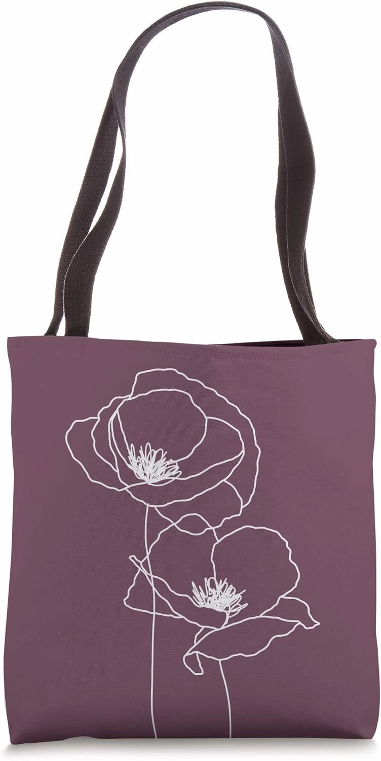 Poppy Flowers Floral Nature Line Art Eggplant Purple Plum Tote Bag