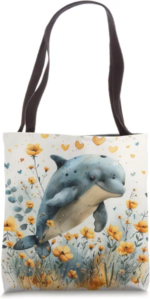 Porpoise Flowers With Hearts Around Boho Style Graphic Tote Bag