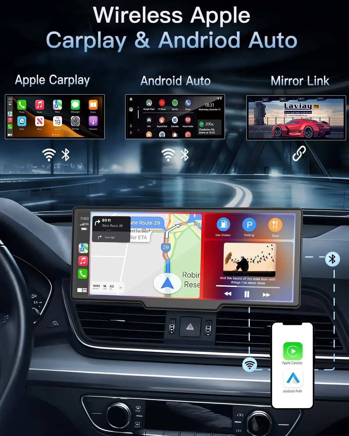 Portable Wireless CarPlay Touchscreen for Car: 4K Apple Carplay & Android Auto Car Play Screen with 4K Dash Cam/1080p Rear Camera/GPS Navigation/Bluetooth/Mirror Link/AirPlay (Obsidian Black-10IN)
