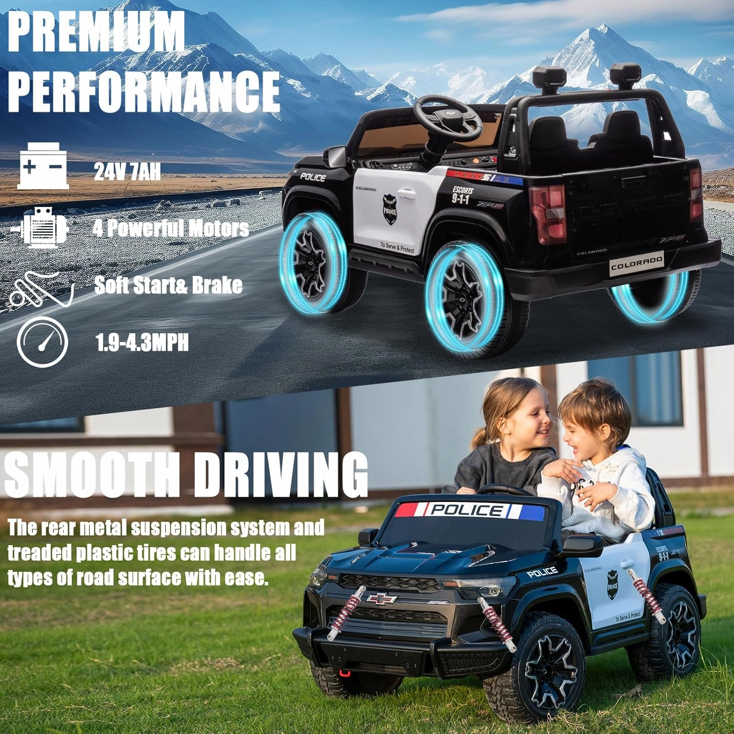 POSTACK 24 Volt Ride on Toys with Parental Remote, 4WD Battery Powered Electric Power 4 Wheels for Toddlers, Kids Ride on UTV Truck Kids Cars to Drive with Bluetooth LED Lights, Police Black