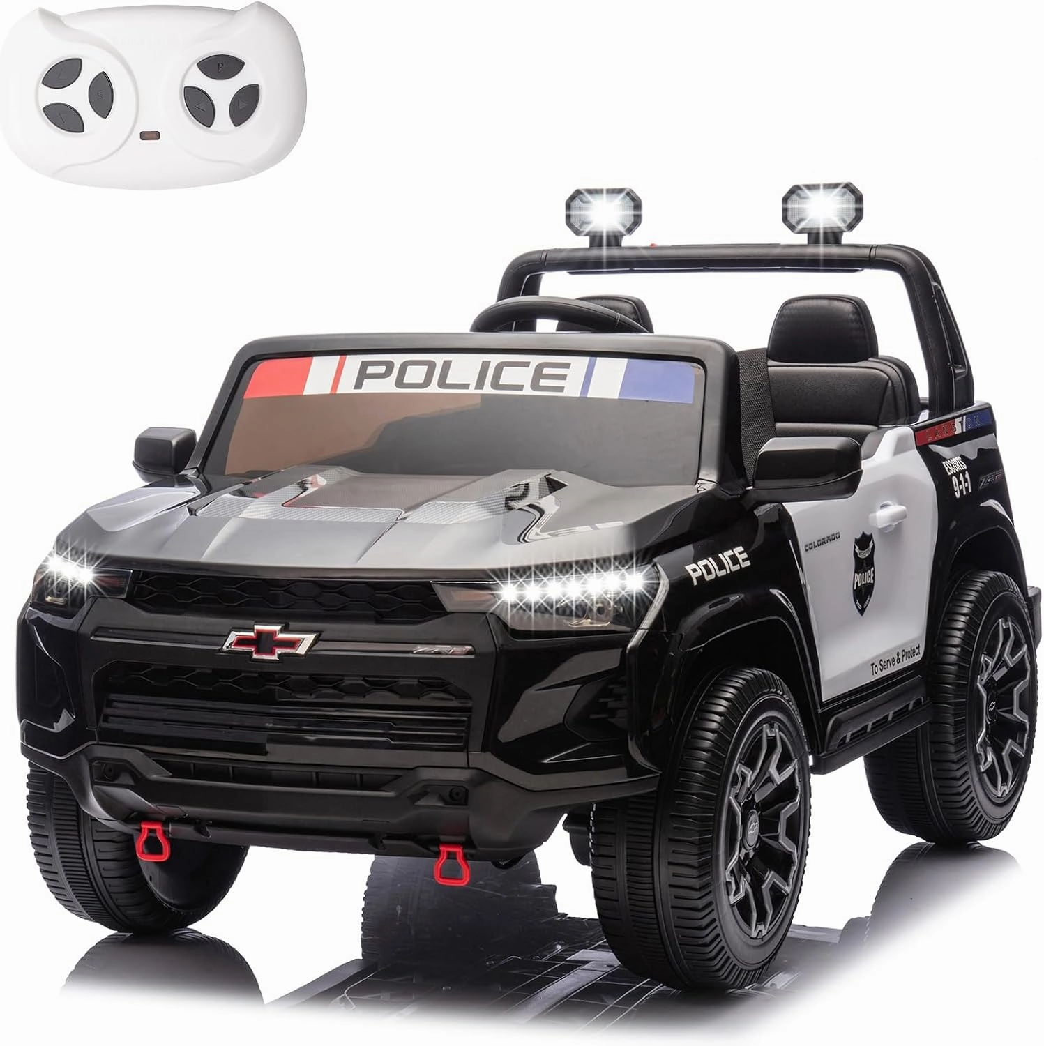 POSTACK 24 Volt Ride on Toys with Parental Remote, 4WD Battery Powered Electric Power 4 Wheels for Toddlers, Kids Ride on UTV Truck Kids Cars to Drive with Bluetooth LED Lights, Police Black