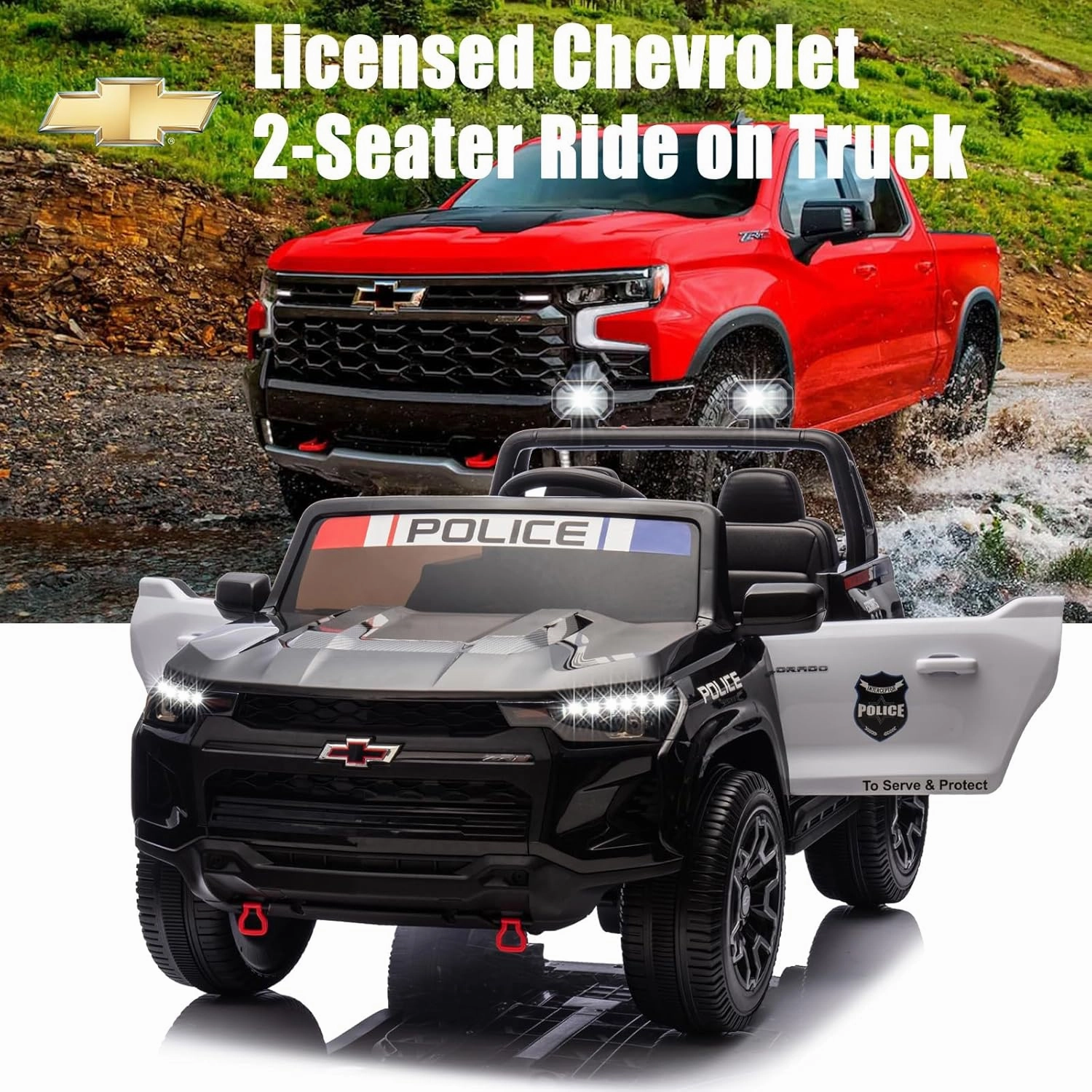 POSTACK 24 Volt Ride on Toys with Parental Remote, 4WD Battery Powered Electric Power 4 Wheels for Toddlers, Kids Ride on UTV Truck Kids Cars to Drive with Bluetooth LED Lights, Police Black