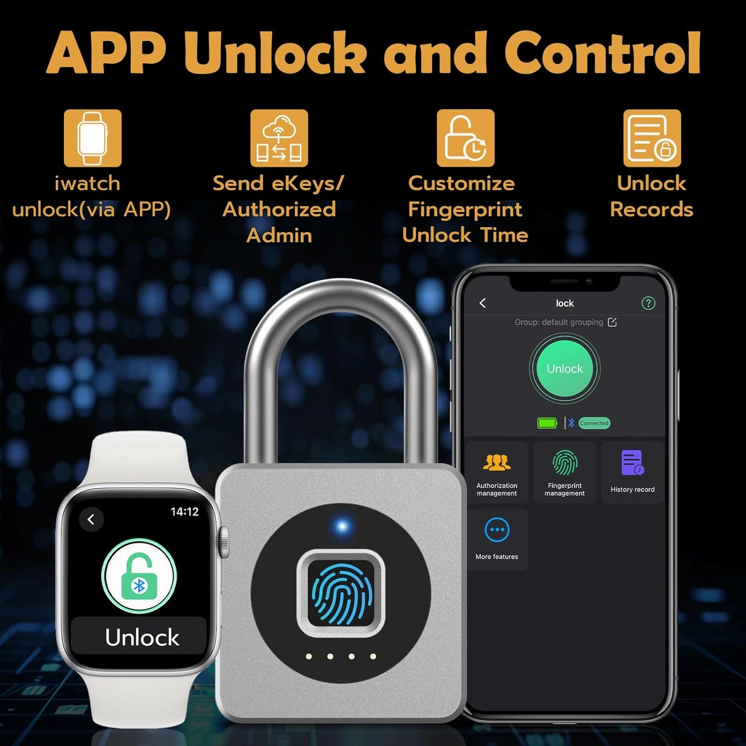 Pothunder Fingerprint Padlock with APP, Keyless Biometric Lock, Smart Waterproof Padlock Suitable for Gym, Locker, Gates, Fence and Storage