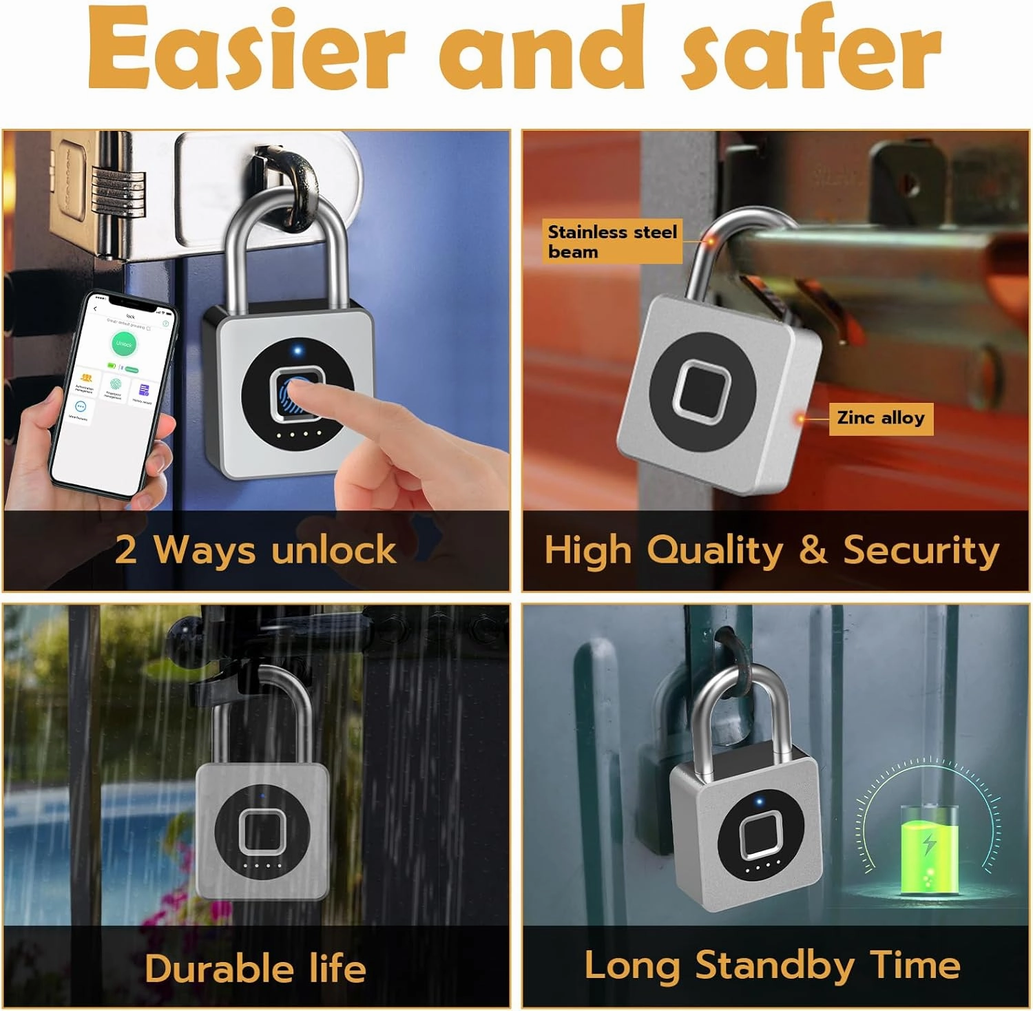 Pothunder Fingerprint Padlock with APP, Keyless Biometric Lock, Smart Waterproof Padlock Suitable for Gym, Locker, Gates, Fence and Storage