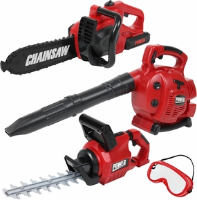 Power Garden Tools Set for Kids Battery Operated Toy Leaf Blower, Hedge Trimmer and Chainsaw Pretend Play for Boys Girls