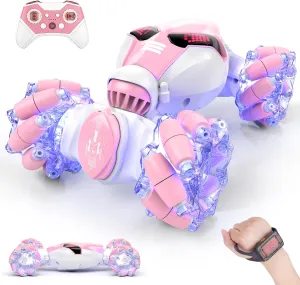 Powerextra Gesture Sensing Rc Stunt Car with Light & Music for Girls, 4WD Hand Controlled Double Sided 360° Flips Off Road Transform Remote Control Car with LED Light, Toy Gift for Age 8  Kids, Pink