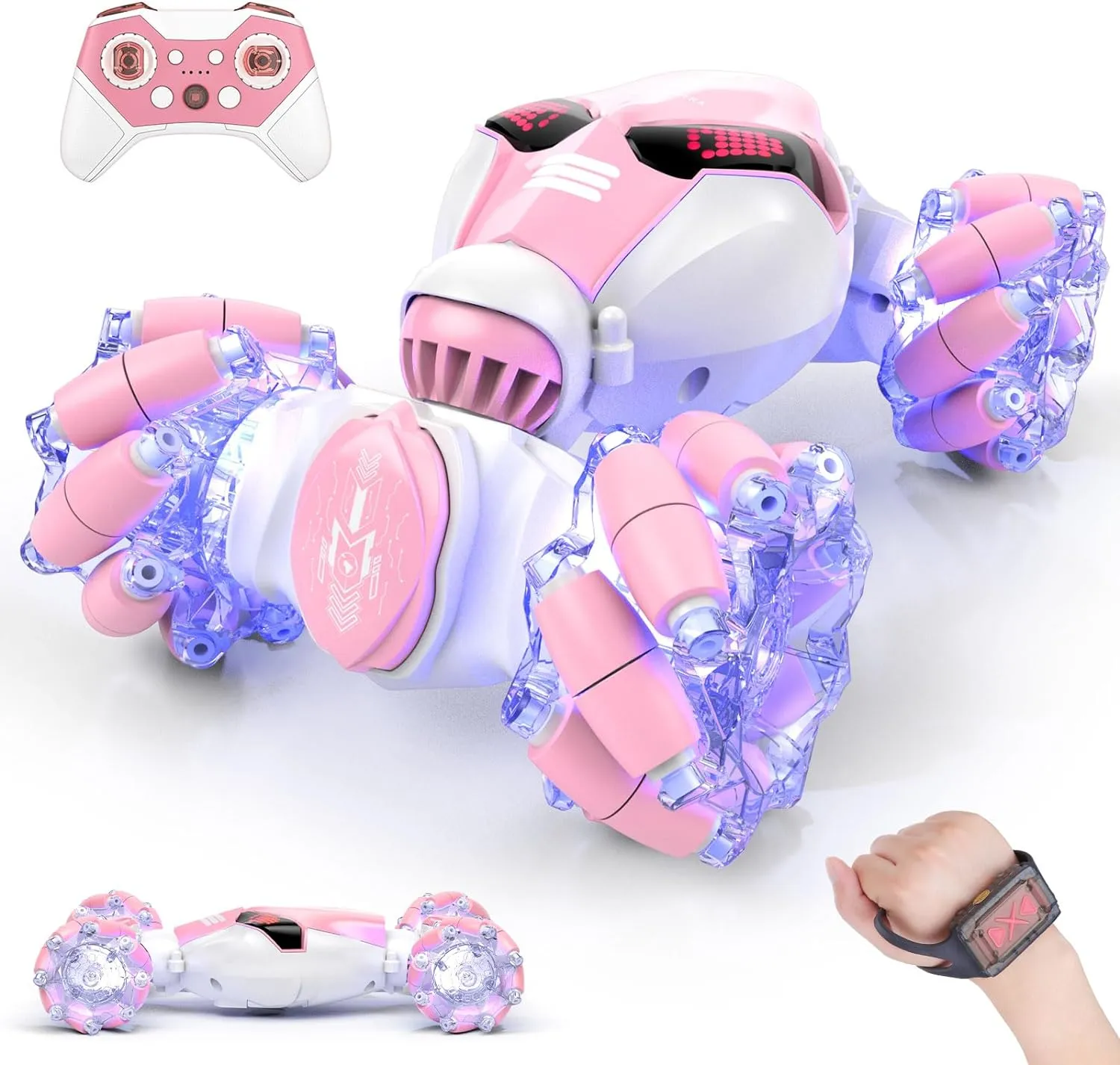 Powerextra Gesture Sensing Rc Stunt Car with Light & Music for Girls, 4WD Hand Controlled Double Sided 360° Flips Off Road Transform Remote Control Car with LED Light, Toy Gift for Age 8  Kids, Pink