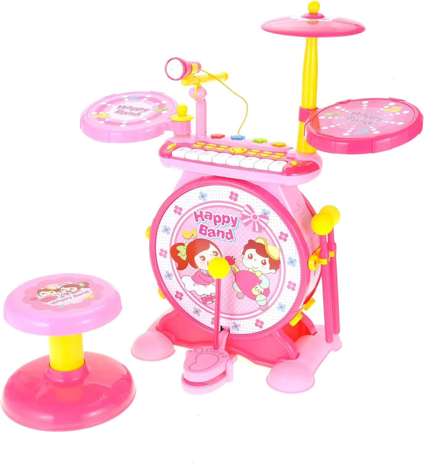 PowerTRC Deluxe 2 in 1 Keyboard and Drum Set Toy for Kids | Children's Musical Instrument Play Set with Piano, Microphone, and Colorful Lights | Sing-Along, Princess Theme (Pink)