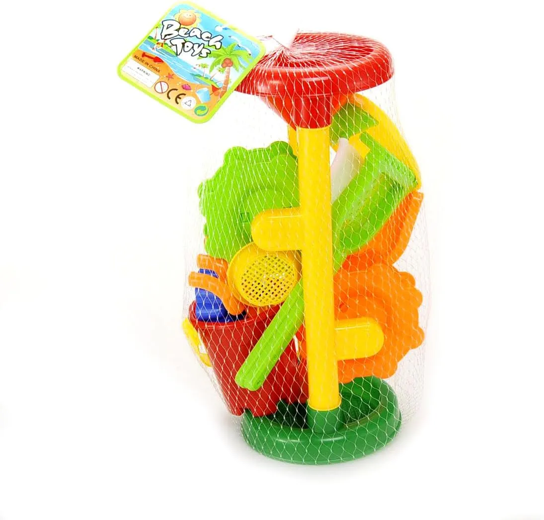 PowerTRC Double Sand Water Wheel Toy Tower Beach Toys for Kids Ages 4-8, Beach Bucket, Shovels, 3 Sand Molds Sail Boat Sand Toy Toddlers Outdoor Play