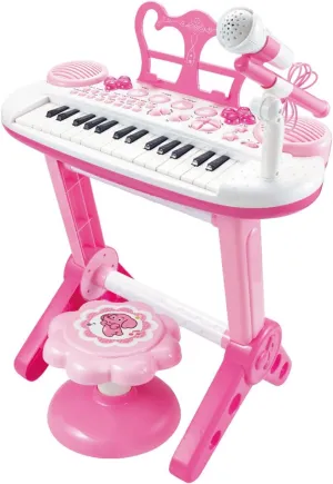 PowerTRC Toy Piano Keyboard for Kids | 31 Keys | Fun Lights and Music | Comes with Microphone and Stand