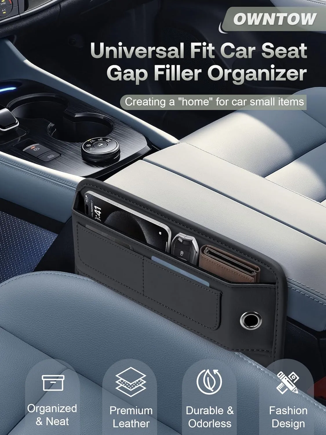 Premium Leather Car Seat Gap Filler Organizer, Universal Fit Car Accessories for Women/Men Interior, Car Center Console Organizer with Card Slots for Car Suv Truck (Black, 1 Pack)