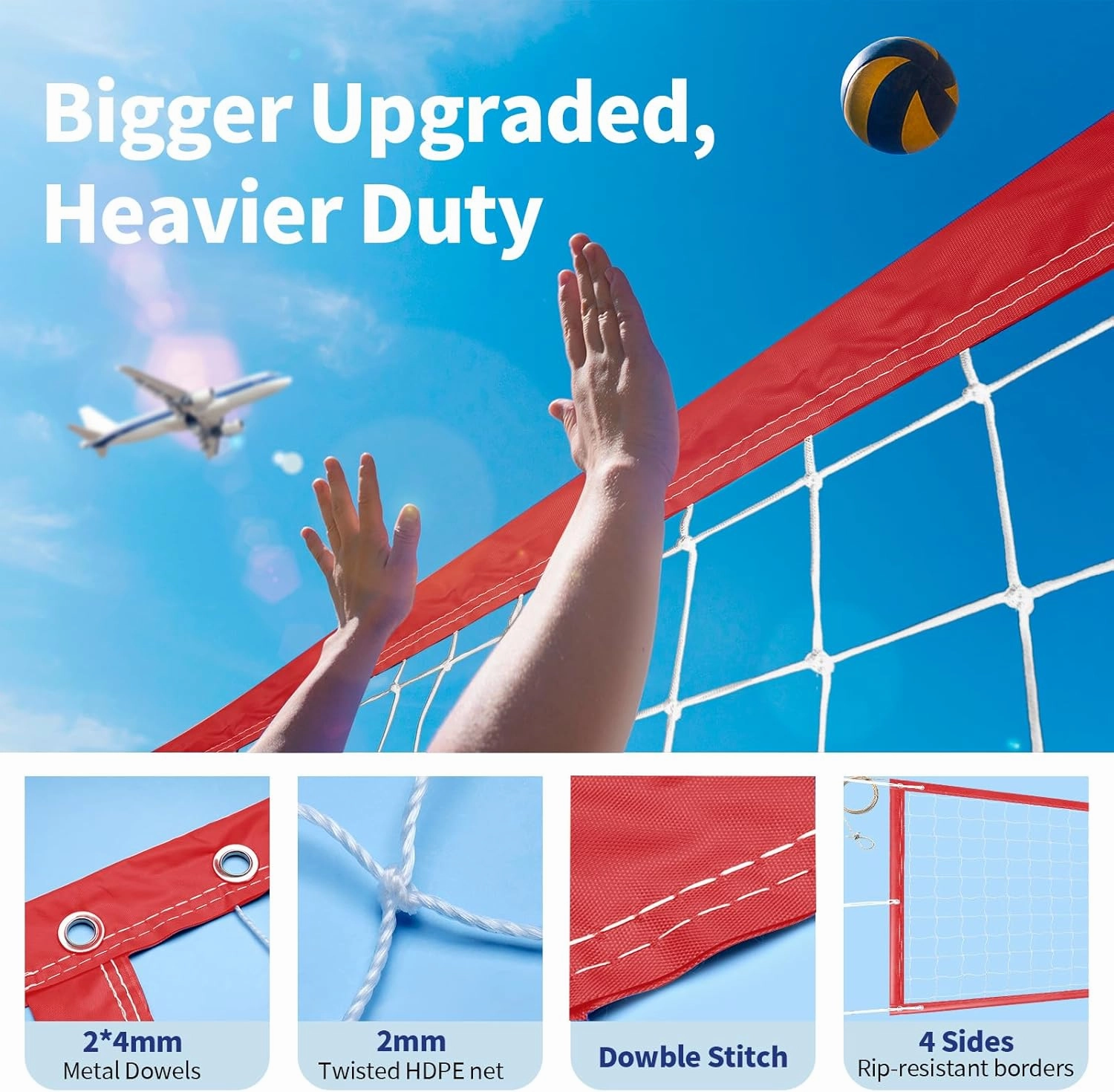 Professional Volleyball Net Outdoor Heavy Duty, All Weather Enhanced, Extended Stainless Steel Cable, Extra Thick Borders, for Backyard Beach Pool Indoor Outdoor- Regulation 32x3FT (Net Only)