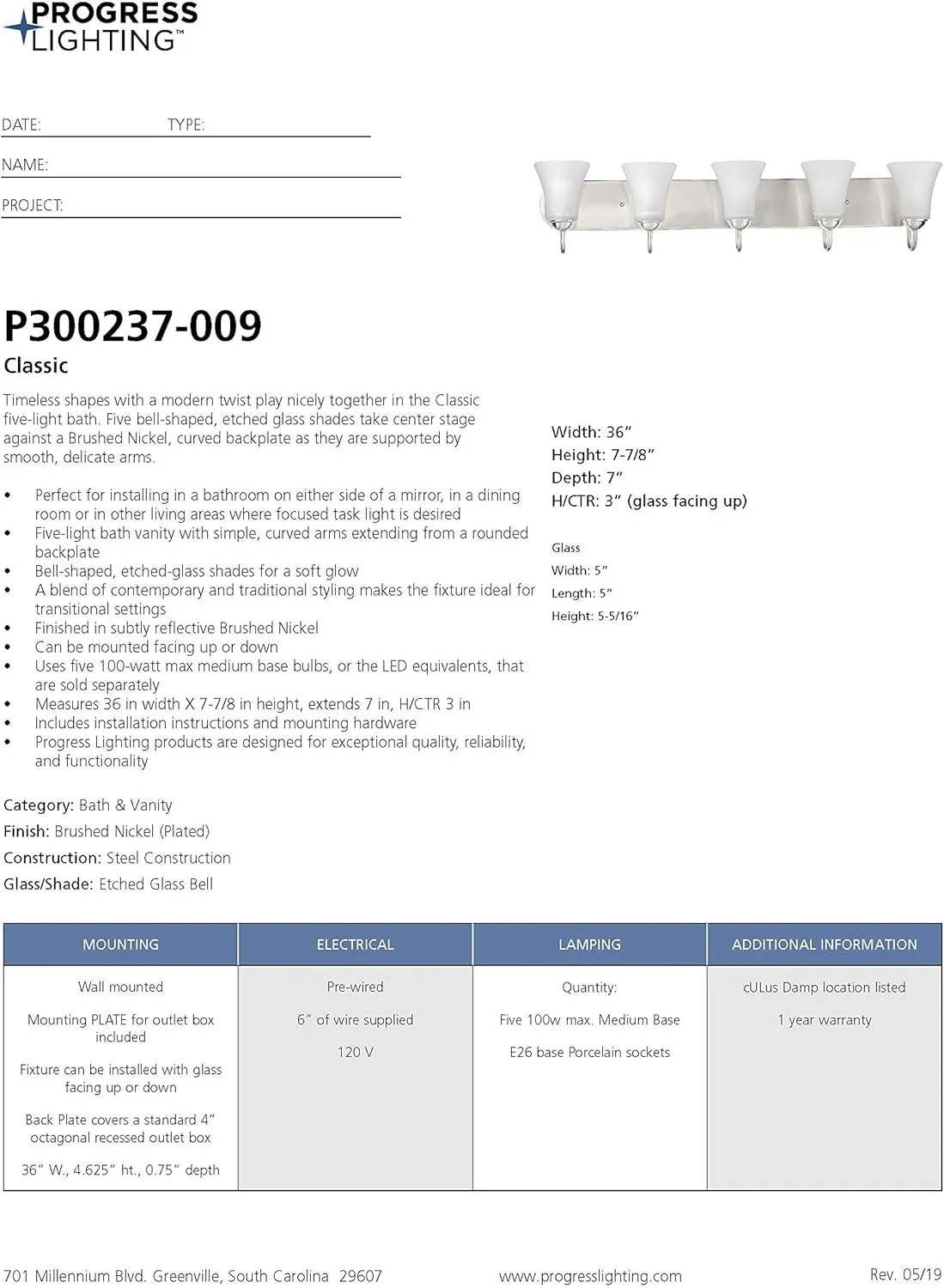 Progress Lighting Classic Collection 5-Light Etched Glass Traditional Bath Vanity Light Brushed Nickel