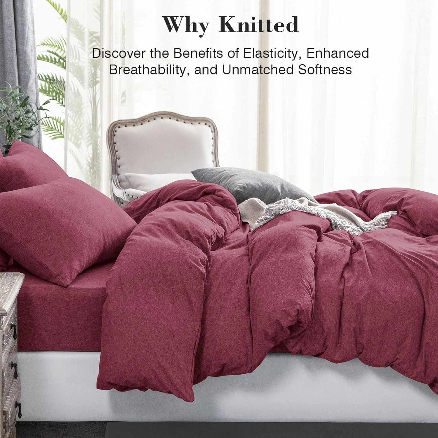PURE ERA Jersey Knit Duvet Cover Set 100% T-Shirt Cotton Super Soft Comfy 3pc Bedding Set with Zipper Closure (Heather Burgundy Red, Queen)