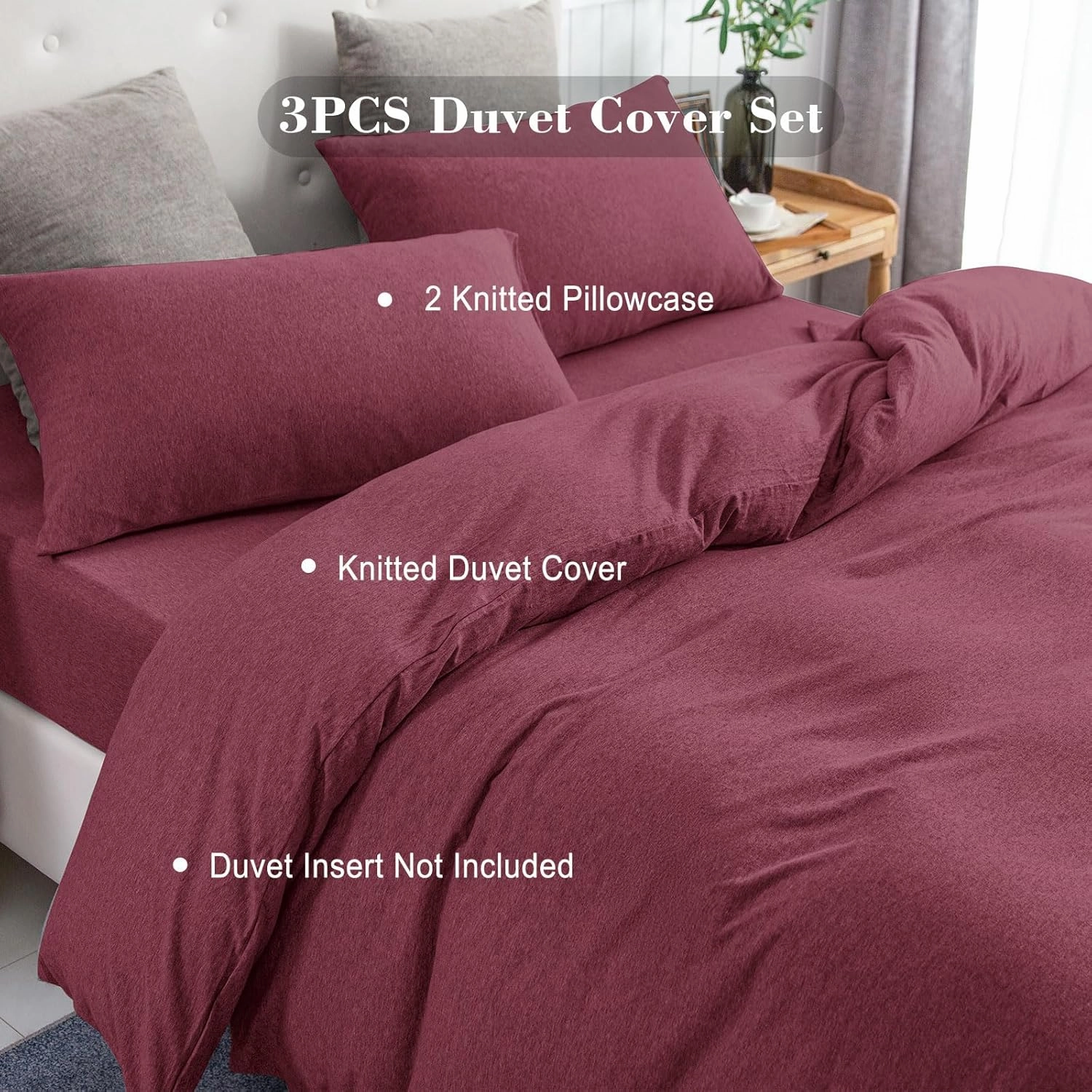 PURE ERA Jersey Knit Duvet Cover Set 100% T-Shirt Cotton Super Soft Comfy 3pc Bedding Set with Zipper Closure (Heather Burgundy Red, Queen)