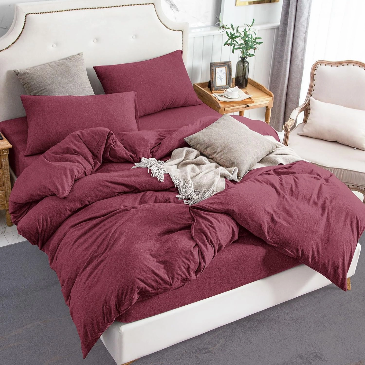 PURE ERA Jersey Knit Duvet Cover Set 100% T-Shirt Cotton Super Soft Comfy 3pc Bedding Set with Zipper Closure (Heather Burgundy Red, Queen)