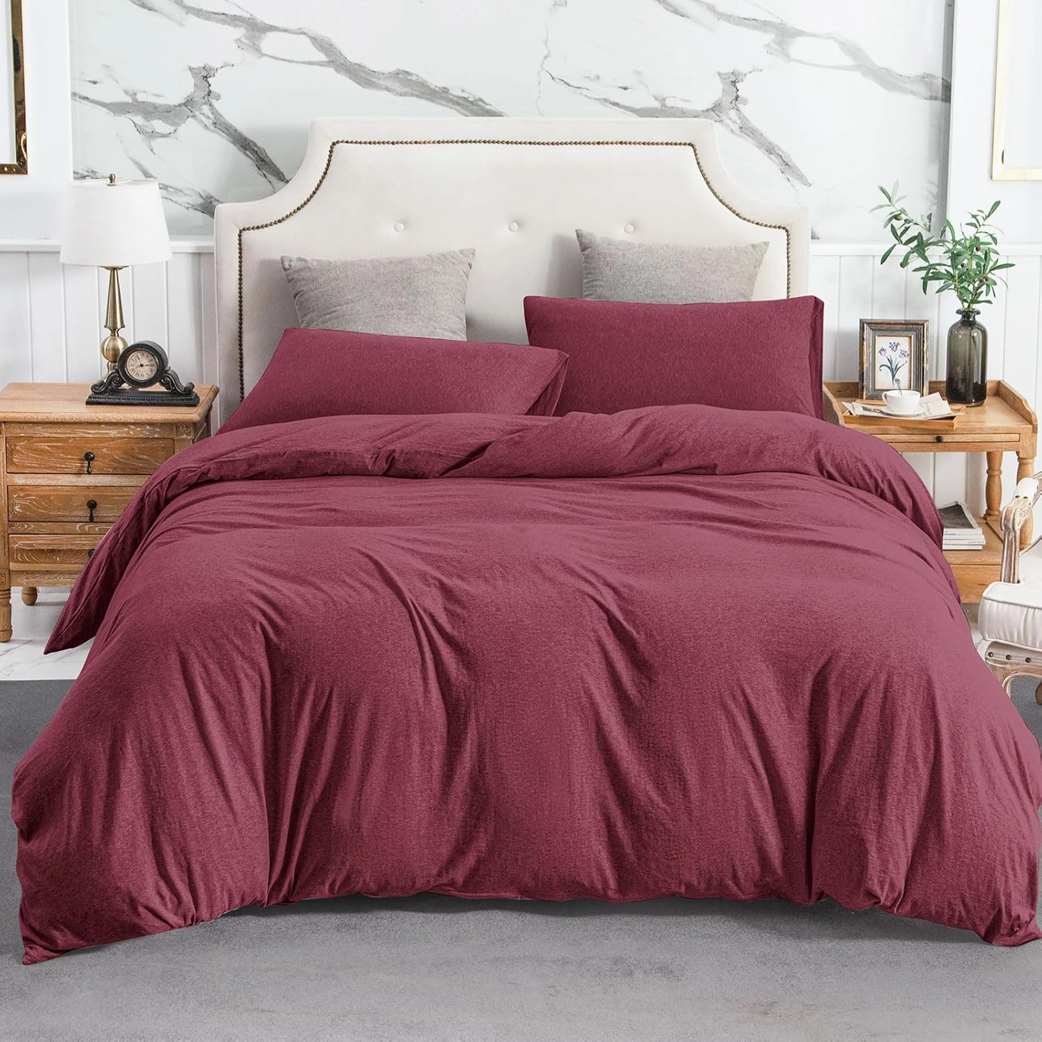 PURE ERA Jersey Knit Duvet Cover Set 100% T-Shirt Cotton Super Soft Comfy 3pc Bedding Set with Zipper Closure (Heather Burgundy Red, Queen)