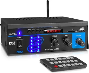 Pyle Home Audio Power Amplifier System – 2X75W Mini Dual Channel Bluetooth Stereo Receiver Box with LED – Amplified Speakers, CD Player, Theater via 3.5mm RCA – For Studio, Home Use