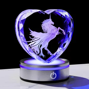 Qianwei Unicorn Gifts for Women 3D Crystal Heart - Laser Unicorn Decor Glass Animals Unicorn Gifts Figurines Statue Stuff for Room Decorations Unicorn Night Light