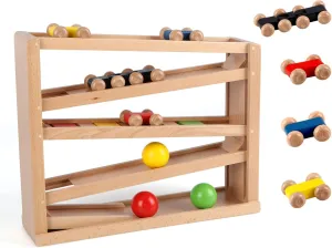 Qilay Wooden Race Track Car Ramp Racer Toy for Toddlers, 5 Level Race Car Ramp Toy Set Includes 4 Wood Cars and 3 Balls,Great Building Learning Toys or 3  Years Old Boy and Girl