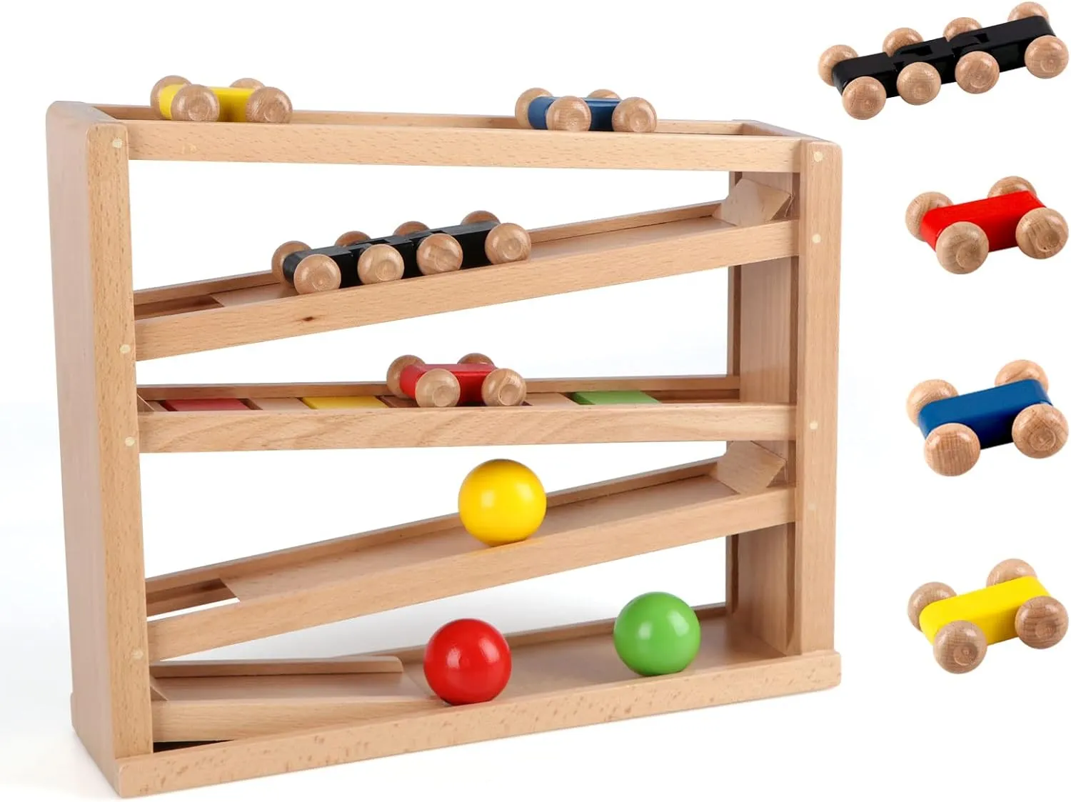 Qilay Wooden Race Track Car Ramp Racer Toy for Toddlers, 5 Level Race Car Ramp Toy Set Includes 4 Wood Cars and 3 Balls,Great Building Learning Toys or 3  Years Old Boy and Girl