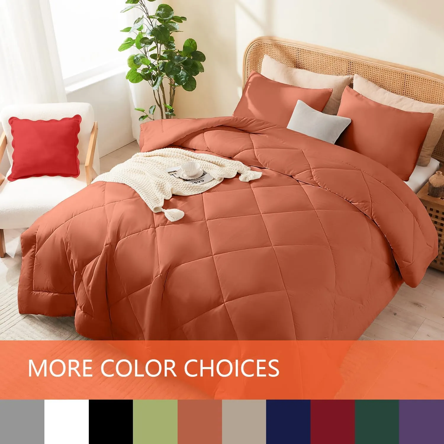 Queen Comforter Set Burnt Orange, 3 Pieces Lightweight All Season Solid Bedding Comforters Sets, Down Alternative Comforter Bed Set Quilt Blanket, (90x90In Comforter & 2 Pillowcases)