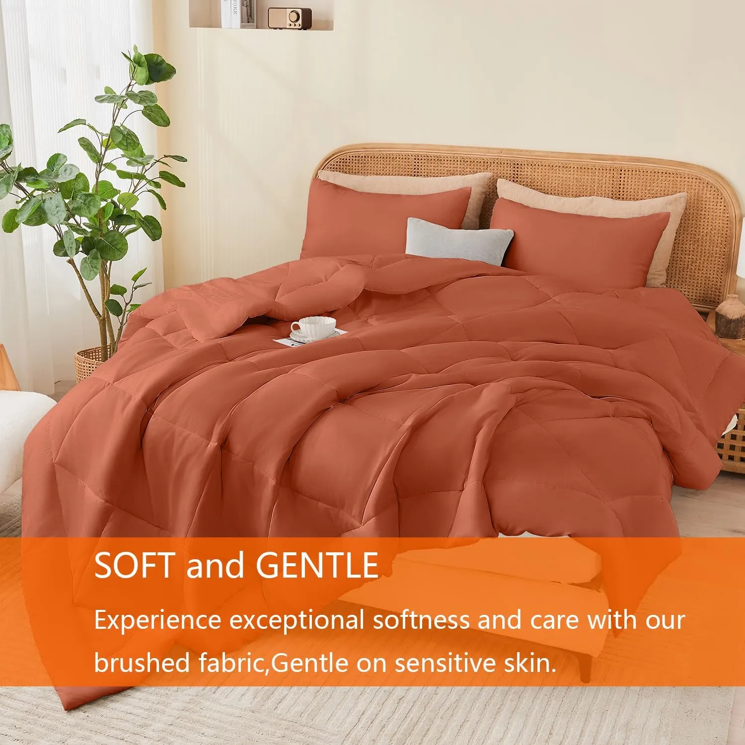 Queen Comforter Set Burnt Orange, 3 Pieces Lightweight All Season Solid Bedding Comforters Sets, Down Alternative Comforter Bed Set Quilt Blanket, (90x90In Comforter & 2 Pillowcases)