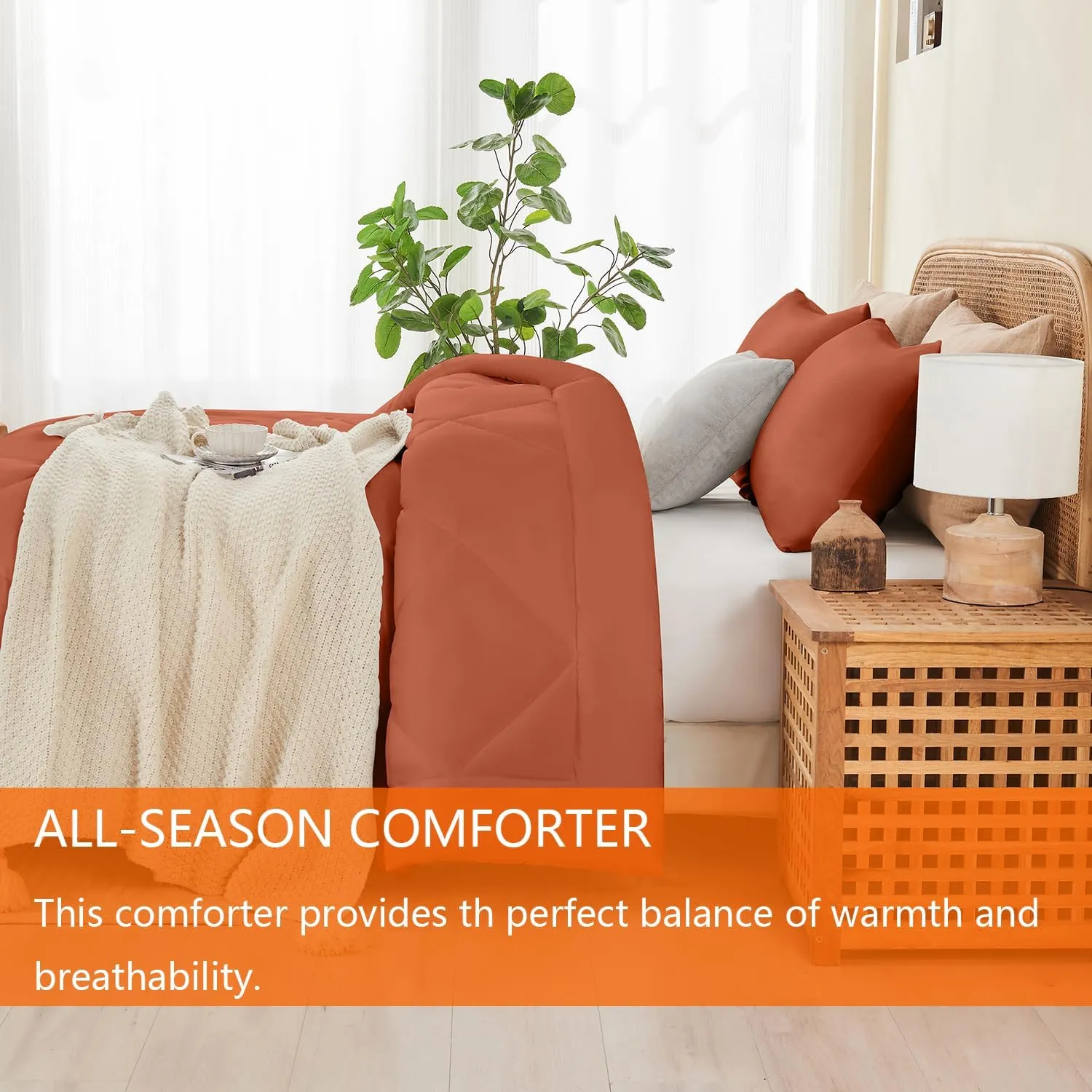 Queen Comforter Set Burnt Orange, 3 Pieces Lightweight All Season Solid Bedding Comforters Sets, Down Alternative Comforter Bed Set Quilt Blanket, (90x90In Comforter & 2 Pillowcases)
