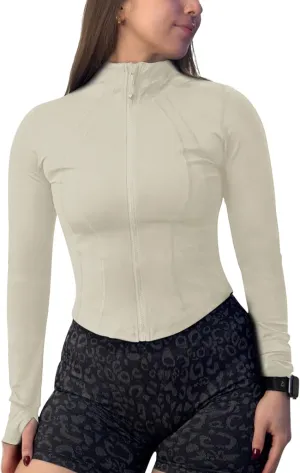 QUEENIEKE Women’s Workout Cropped Jacket Full Zip Lightweight Running Track Jackets Bbl Slim Fit Tops Shirts