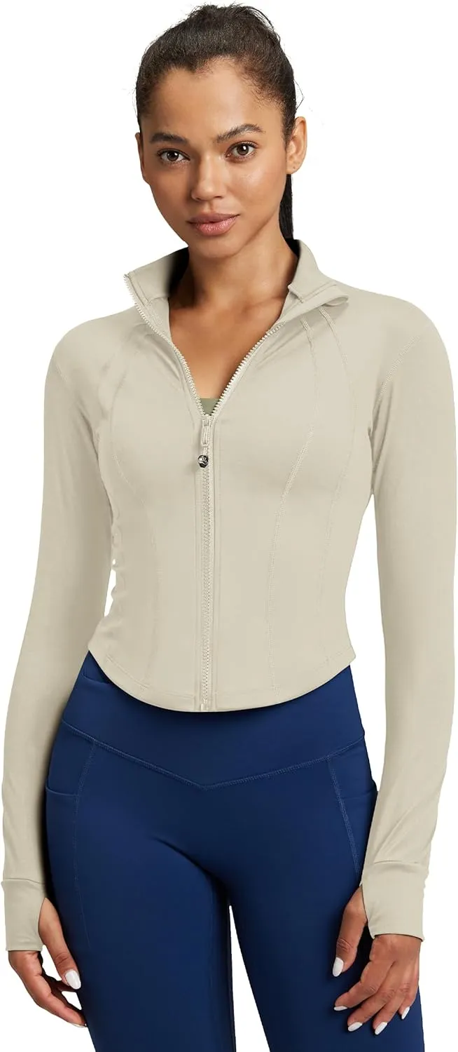 QUEENIEKE Women’s Workout Cropped Jacket Full Zip Lightweight Running Track Jackets Bbl Slim Fit Tops Shirts
