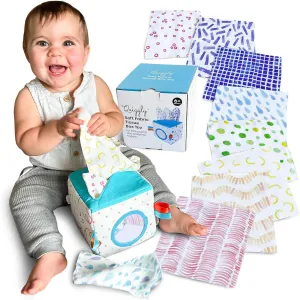 Quiggly Soft Fabric Tissue Box Toy for Babies- Montessori Sensory Development Toy for 6-12 Month Olds - 100% Cotton, Crinkle Tissues, Ribbon Details, Safety Mirror- Ideal for Infant Gross Motor Skills