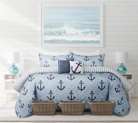 Quilts for King Bed Blue Anchors Bedspreads Soft Bed Summer Quilt Lightweight Microfiber Bedspread-Modern Style Pattern Coverlet for All Season - 3 Piece (1 Quilt, 2 Pillow Shams)