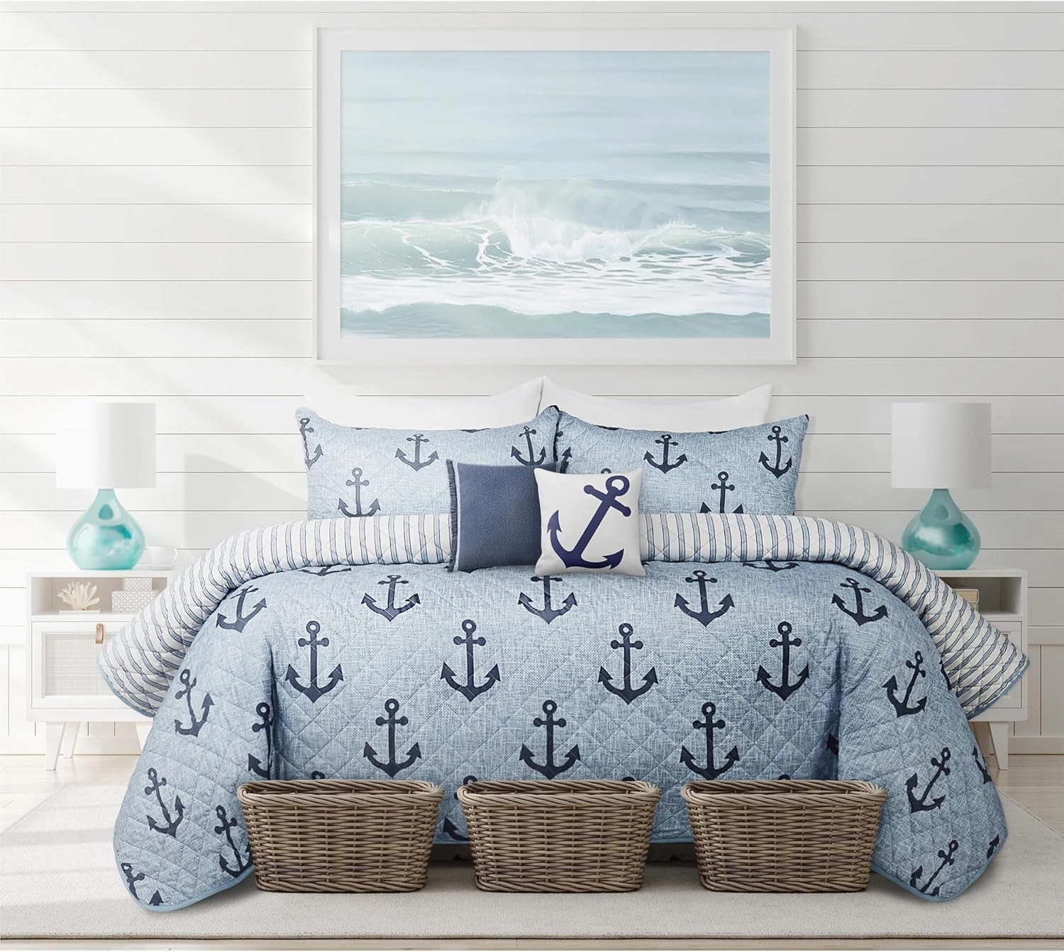 Quilts for King Bed Blue Anchors Bedspreads Soft Bed Summer Quilt Lightweight Microfiber Bedspread-Modern Style Pattern Coverlet for All Season - 3 Piece (1 Quilt, 2 Pillow Shams)