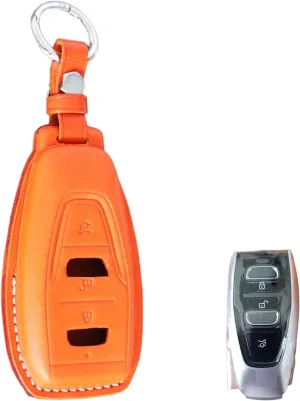 Real Genuine Leather Car Key Case Cover With Keychain For ASTON MARTIN DBX MY83-654024-AB AML-KEY-1109 (Orange)