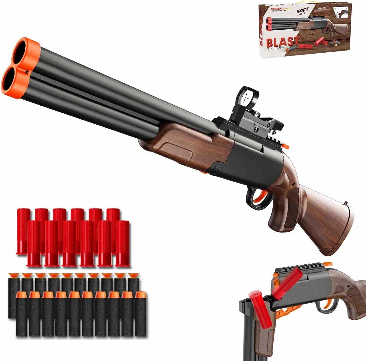 Realistic Toy Shotgun Suitable for Nerf Gun's Dart - with Shell Ejecting Design, Sight, 20 Soft Darts, 12 Bullet Case, Foam Blasters Hunting Rifle Toy Gun for Kids Outdoor Play Shooting Game