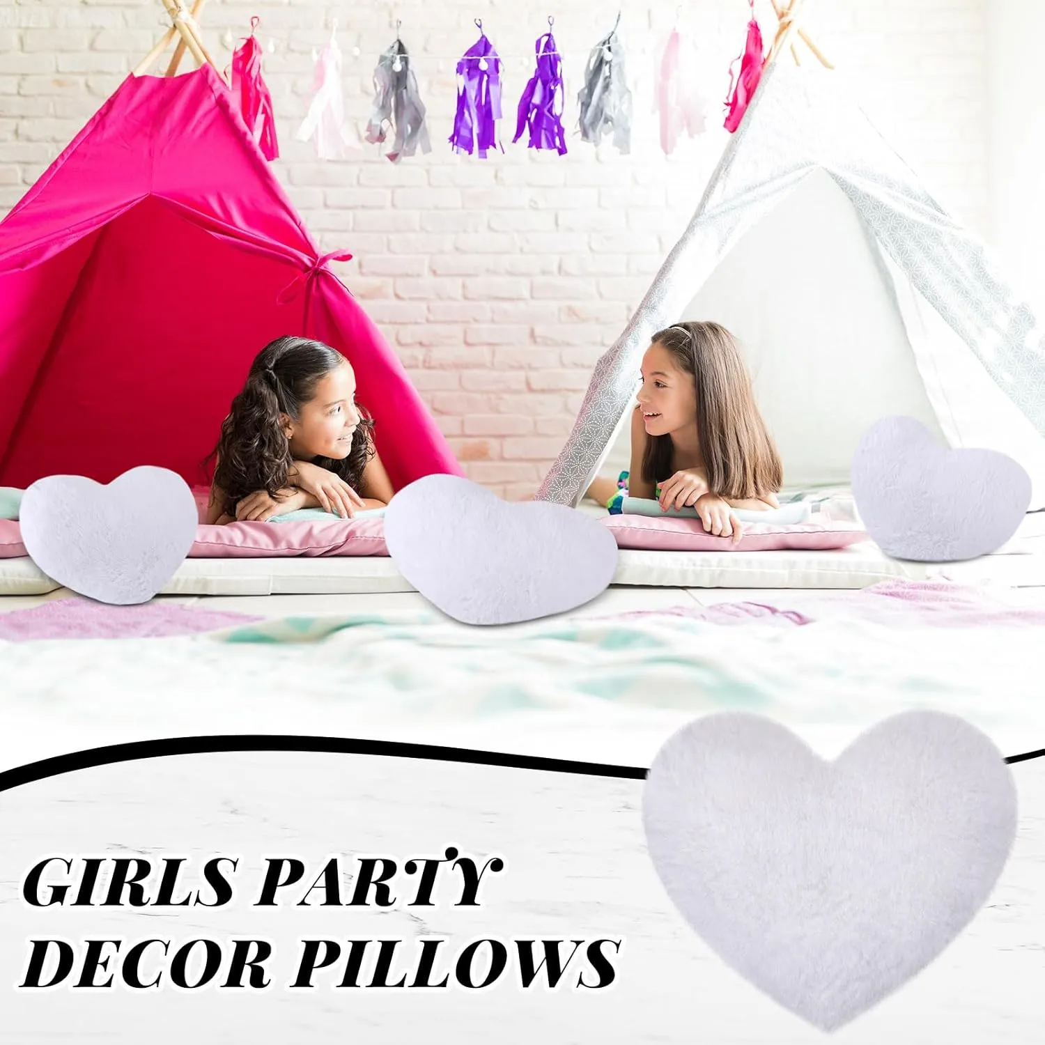 Remerry 4 Pcs Heart Shaped Cute Throw Pillows Faux Rabbit Fur Heart Pillow Fluffy Throw Cushion Decorative for Bedroom Bed Sofa Kid Girls Sleepover Part(White)