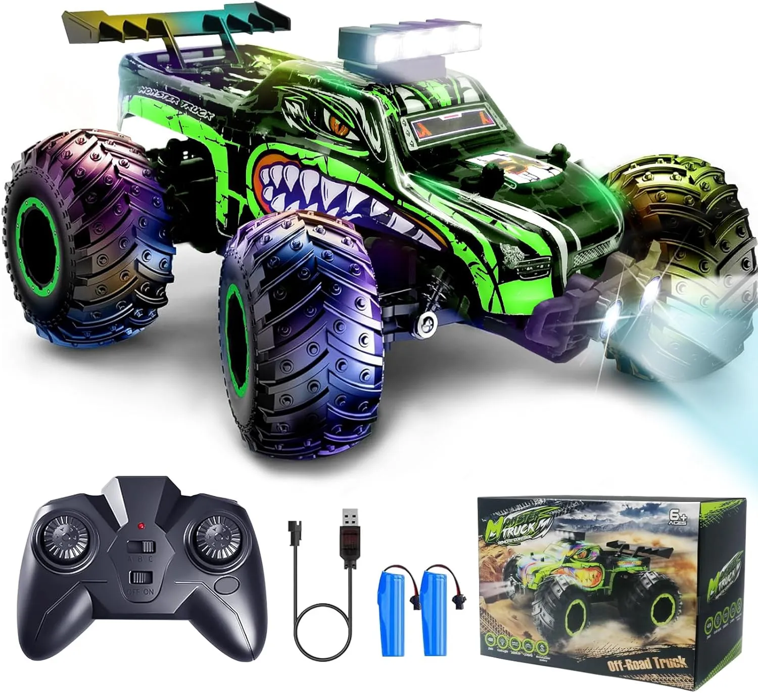 Remote Control Car, Rechargeable RC Monster Truck, 2.4Ghz All Terrain Off-Road RC Cars, 20 KM/H Rc Cars with LED Bodylight and 2 Rechargeable Batteries Toys and Girls 4-7 8-12 Years Old (Green)