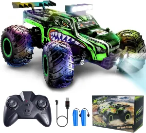 Remote Control Car, Rechargeable RC Monster Truck, 2.4Ghz All Terrain Off-Road RC Cars, 20 KM/H Rc Cars with LED Bodylight and 2 Rechargeable Batteries Toys and Girls 4-7 8-12 Years Old (Green)