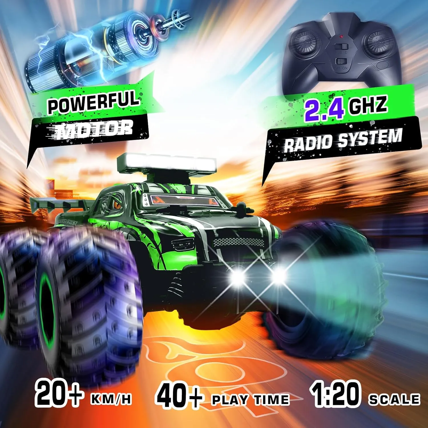 Remote Control Car, Rechargeable RC Monster Truck, 2.4Ghz All Terrain Off-Road RC Cars, 20 KM/H Rc Cars with LED Bodylight and 2 Rechargeable Batteries Toys and Girls 4-7 8-12 Years Old (Green)