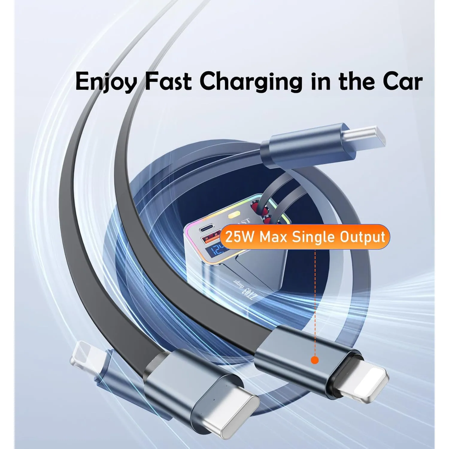 Retractable 4-in-1 Fast Car Charger with RGB Light & Dual USB-C 66W