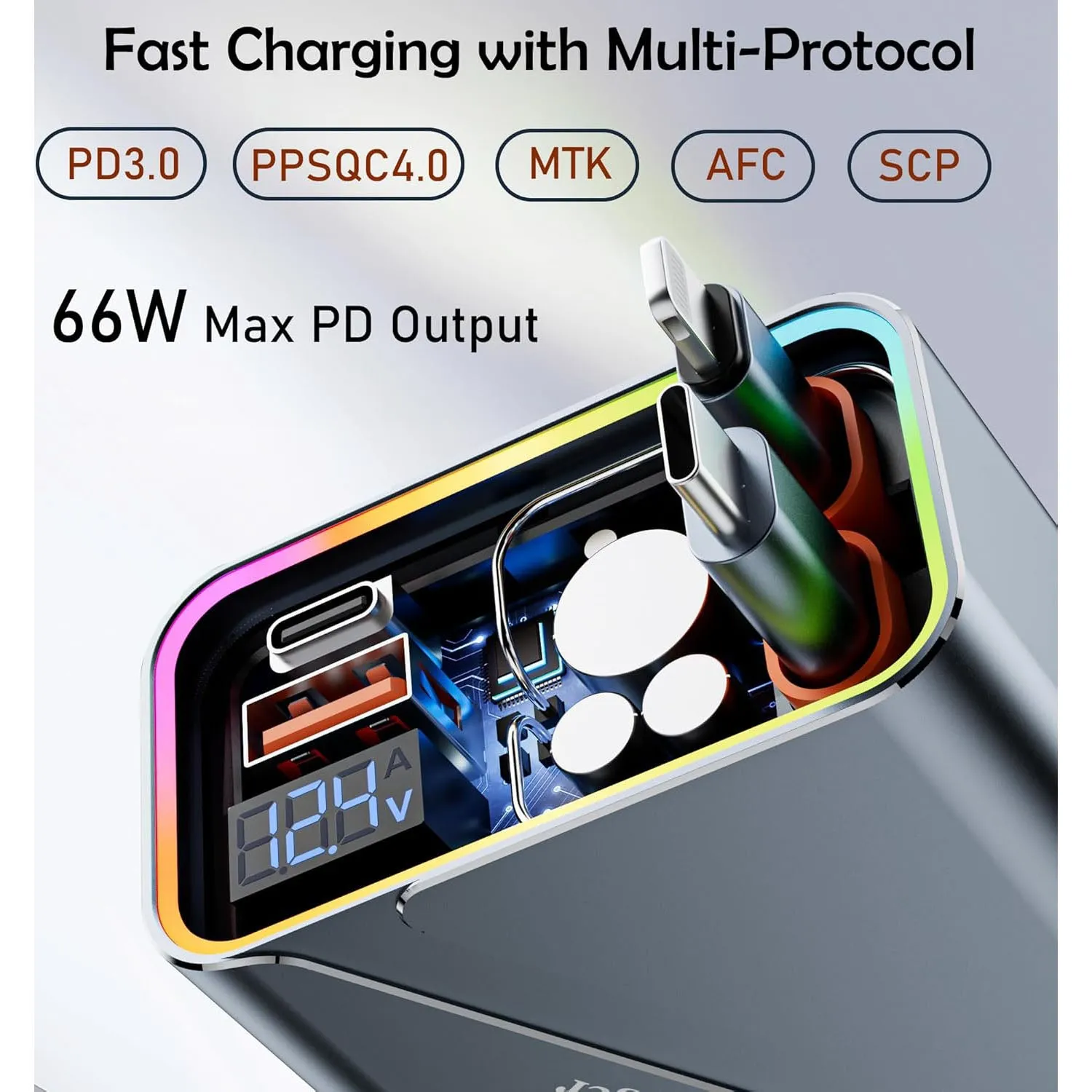 Retractable 4-in-1 Fast Car Charger with RGB Light & Dual USB-C 66W