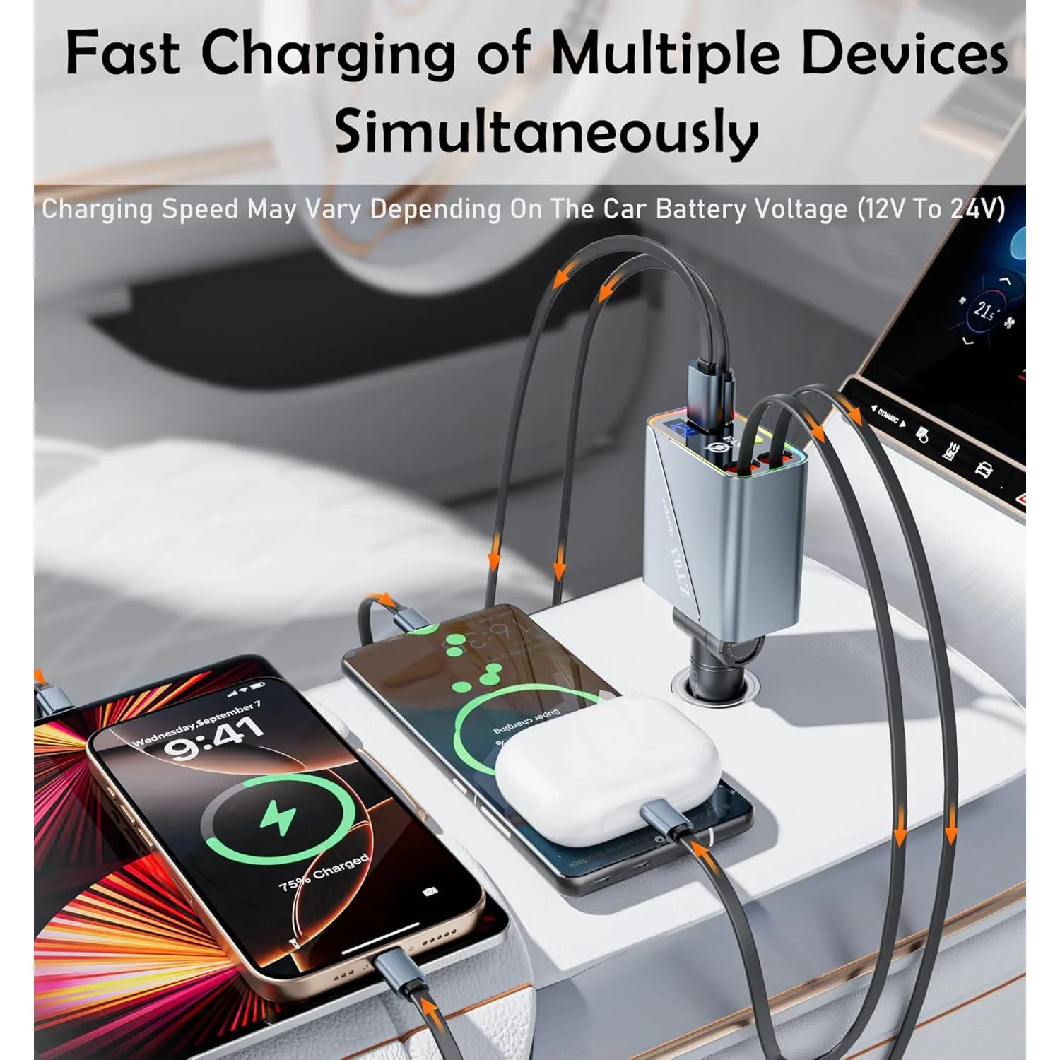 Retractable 4-in-1 Fast Car Charger with RGB Light & Dual USB-C 66W
