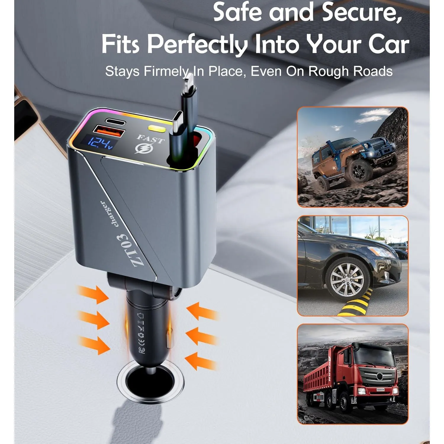 Retractable 4-in-1 Fast Car Charger with RGB Light & Dual USB-C 66W