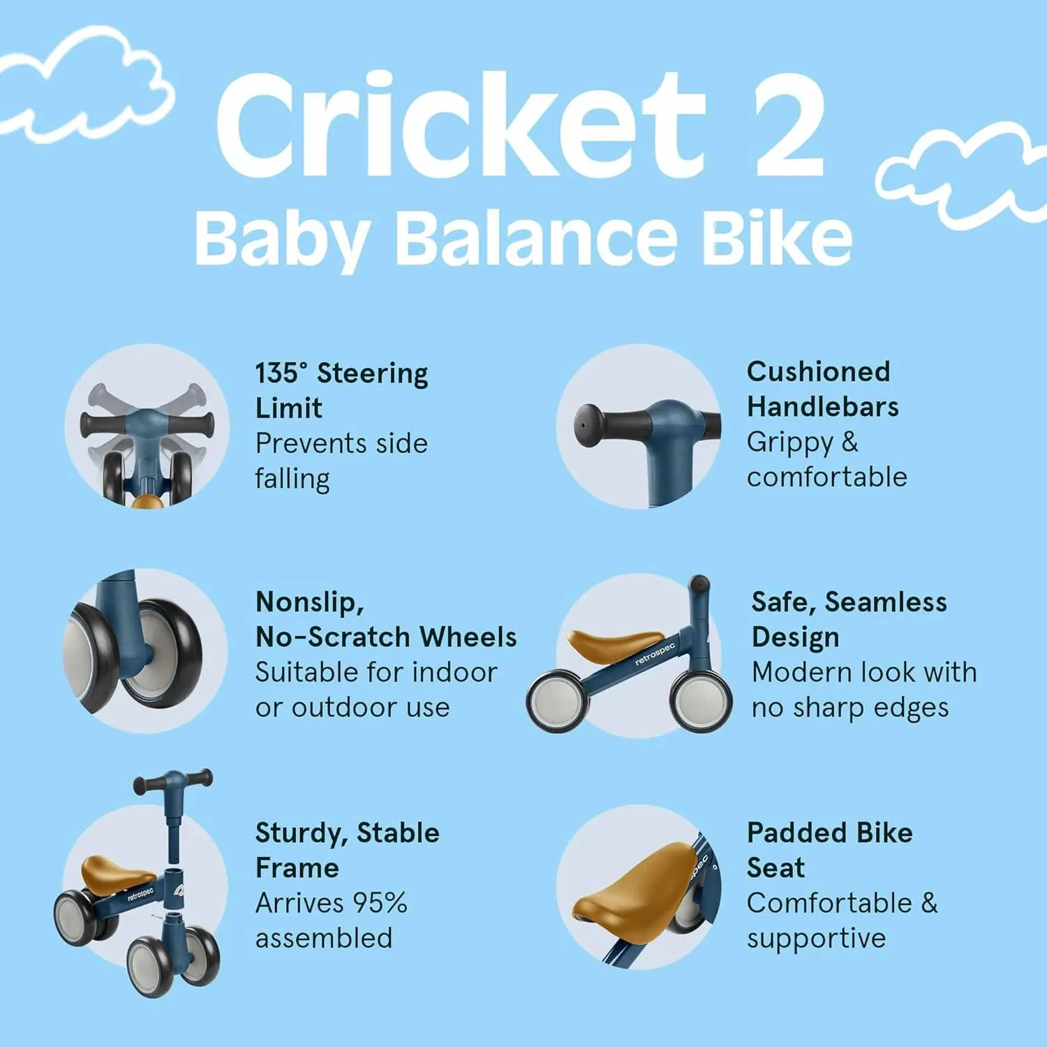 Retrospec Cricket 2 Baby Walker Balance Bike with 4 Wheels for Ages 12-24 Months - First Birthday Gift Toddler Bicycle Toy for 1 Year Old’s - Ride On Toys for Boys & Girls