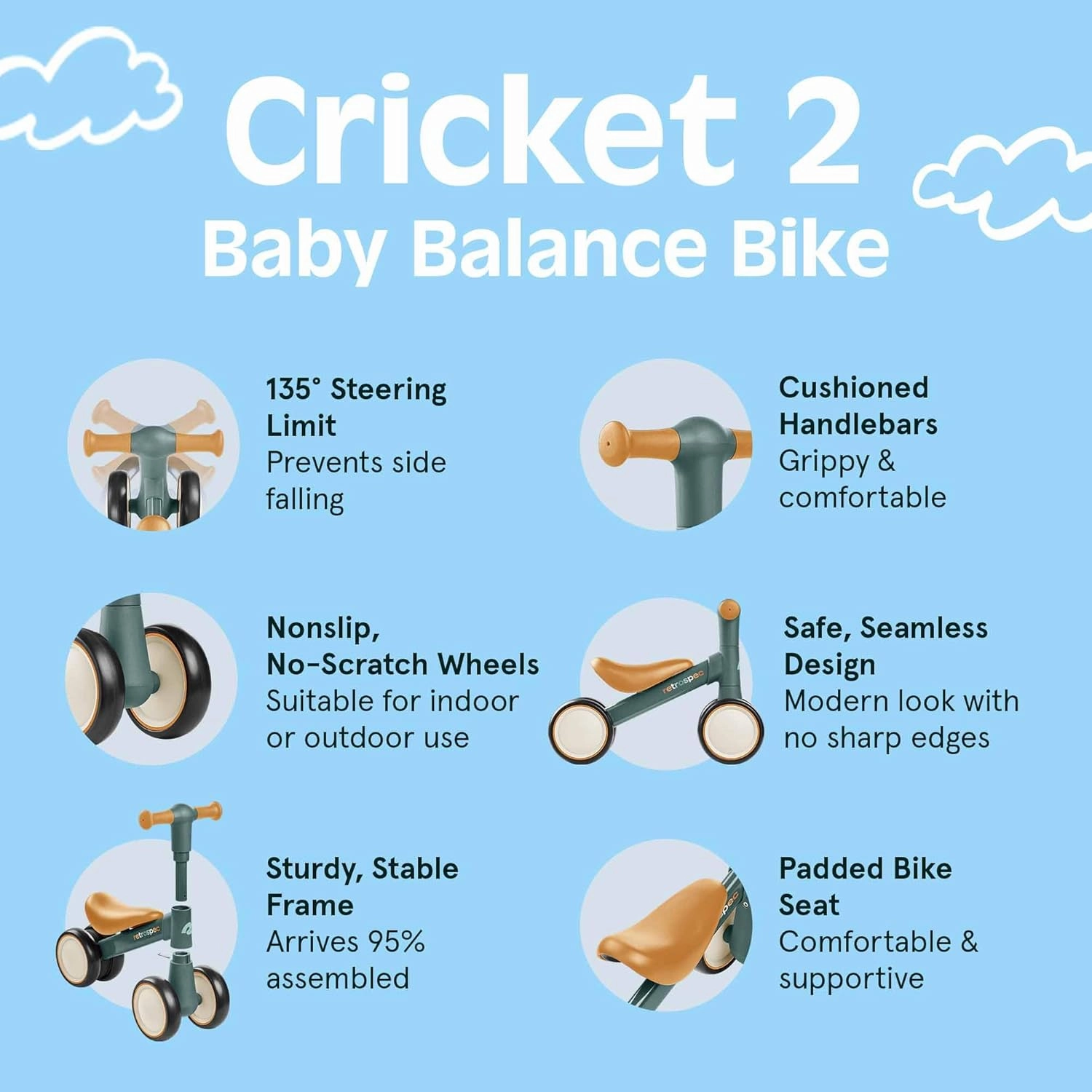 Retrospec Cricket 2 Baby Walker Balance Bike with 4 Wheels for Ages 12-24 Months - First Birthday Gift Toddler Bicycle Toy for 1 Year Old’s - Ride On Toys for Boys & Girls