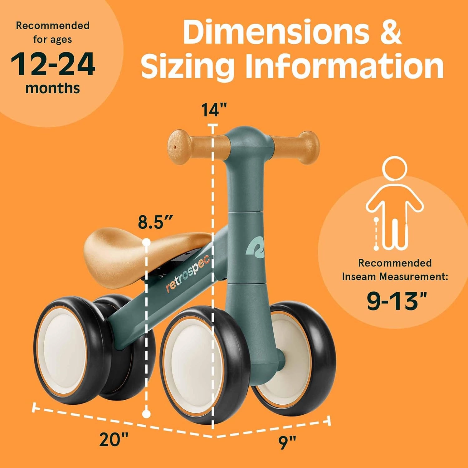 Retrospec Cricket 2 Baby Walker Balance Bike with 4 Wheels for Ages 12-24 Months - First Birthday Gift Toddler Bicycle Toy for 1 Year Old’s - Ride On Toys for Boys & Girls