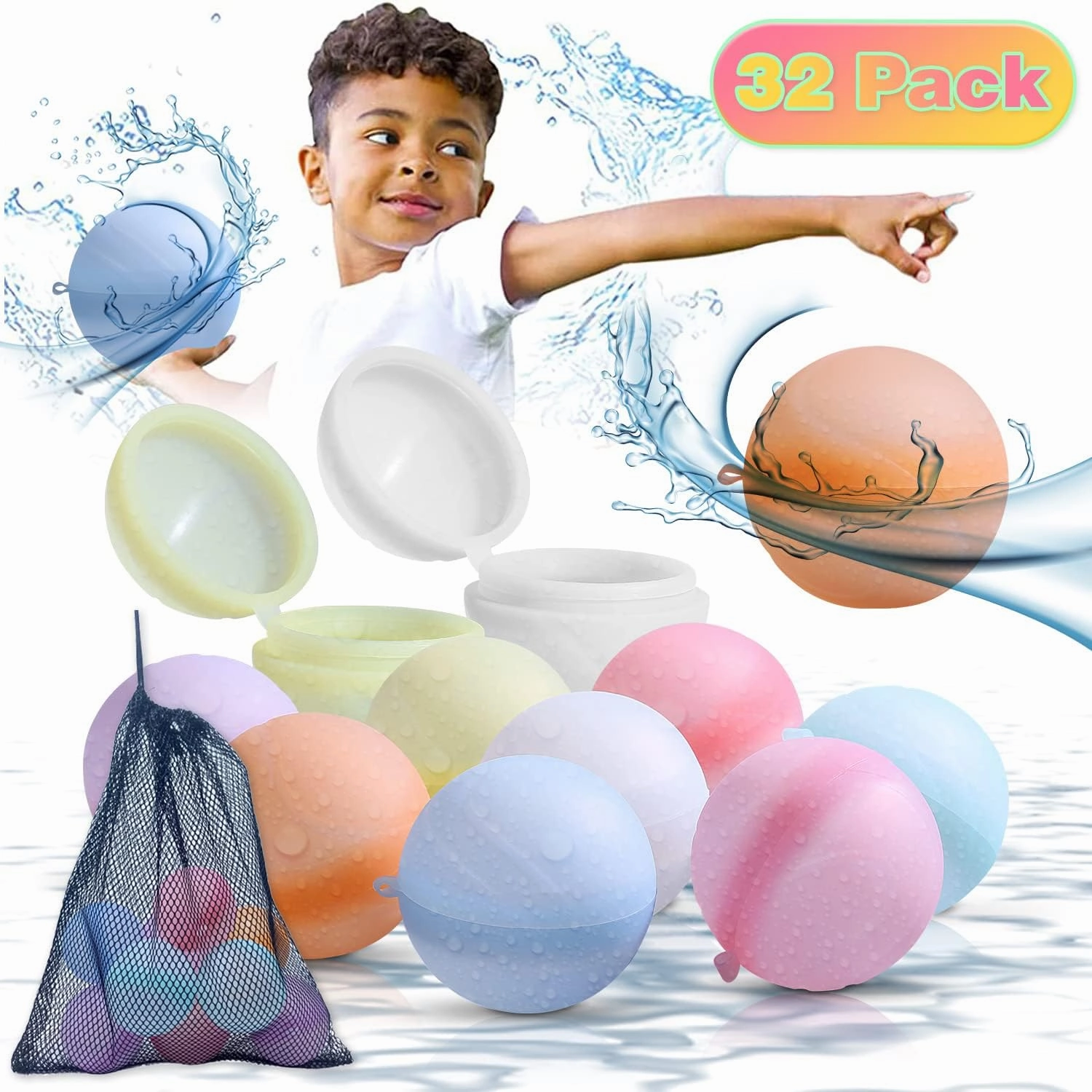Reusable Water Balloons Water Balls Latex-Free Soft Silicone Water Splash Ball with Portable Mesh Bag Summer Outdoor Play Pool Party Backyard Fun Water Toys (32 Pack)