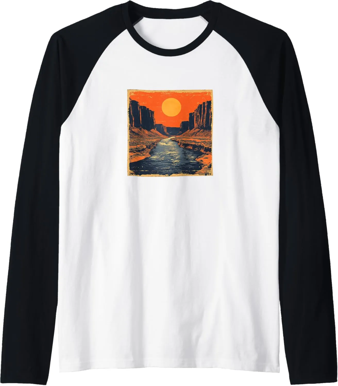 River Through A Canyon Vintage Landscape Graphic Raglan Baseball Tee