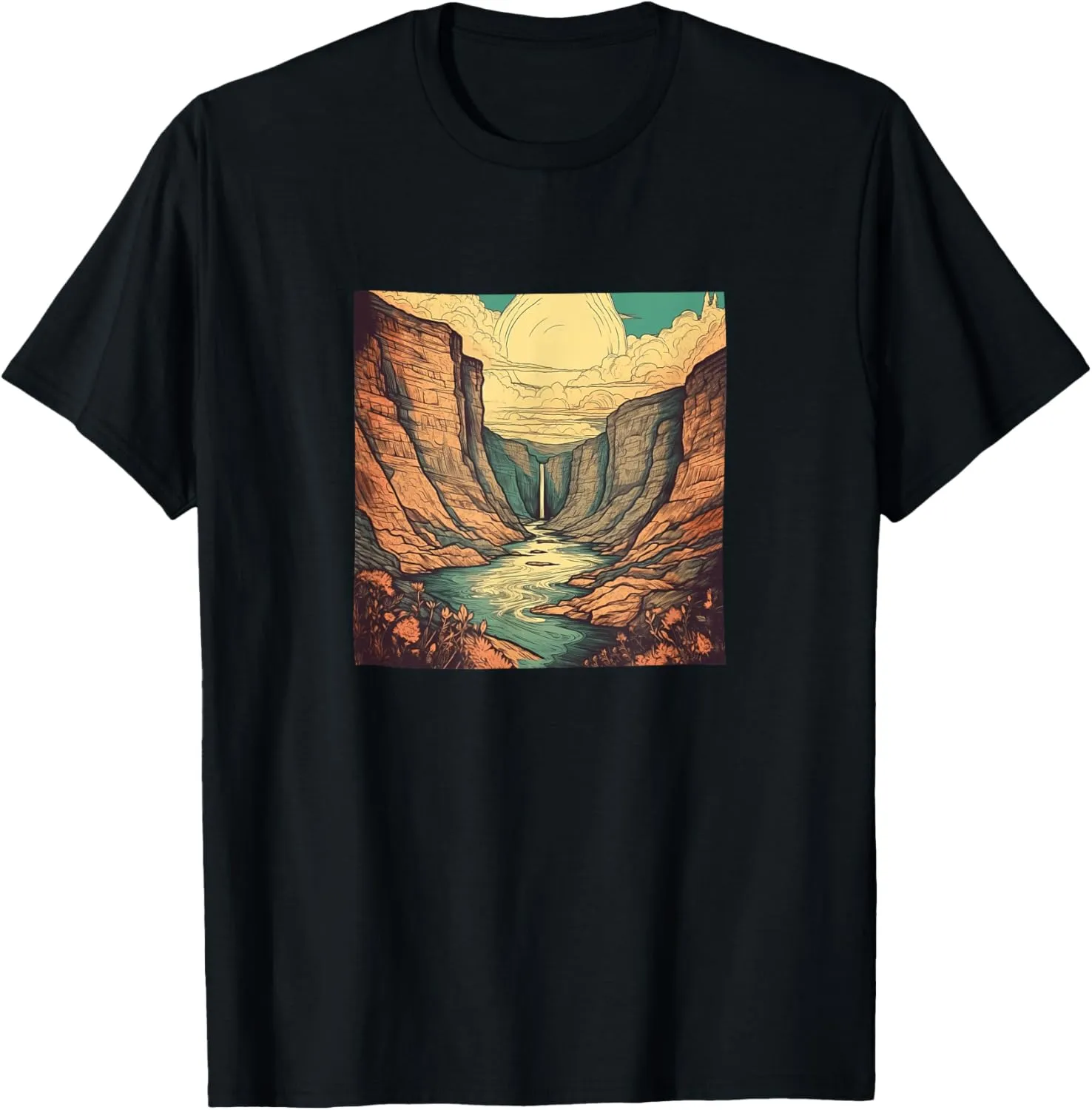 River Through A Canyon Vintage Landscape Graphic T-Shirt