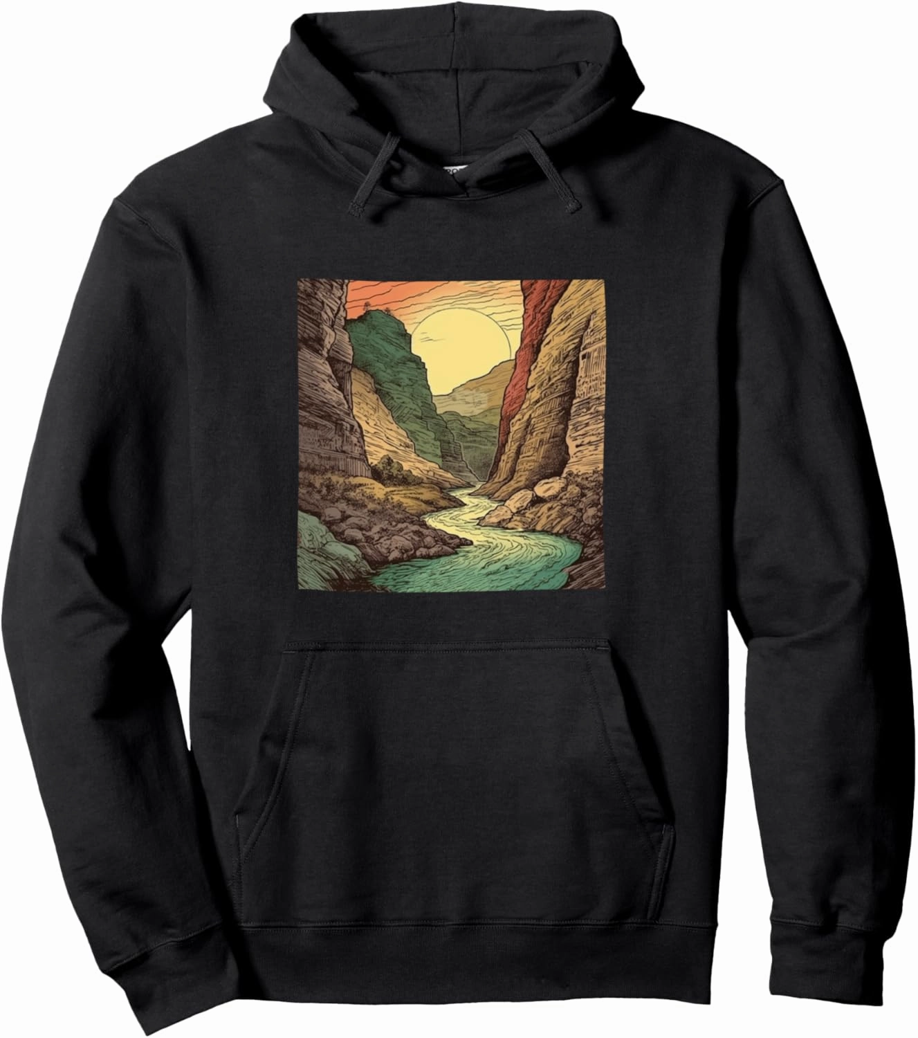 River Through A Canyon Vintage Landscape Graphic Pullover Hoodie
